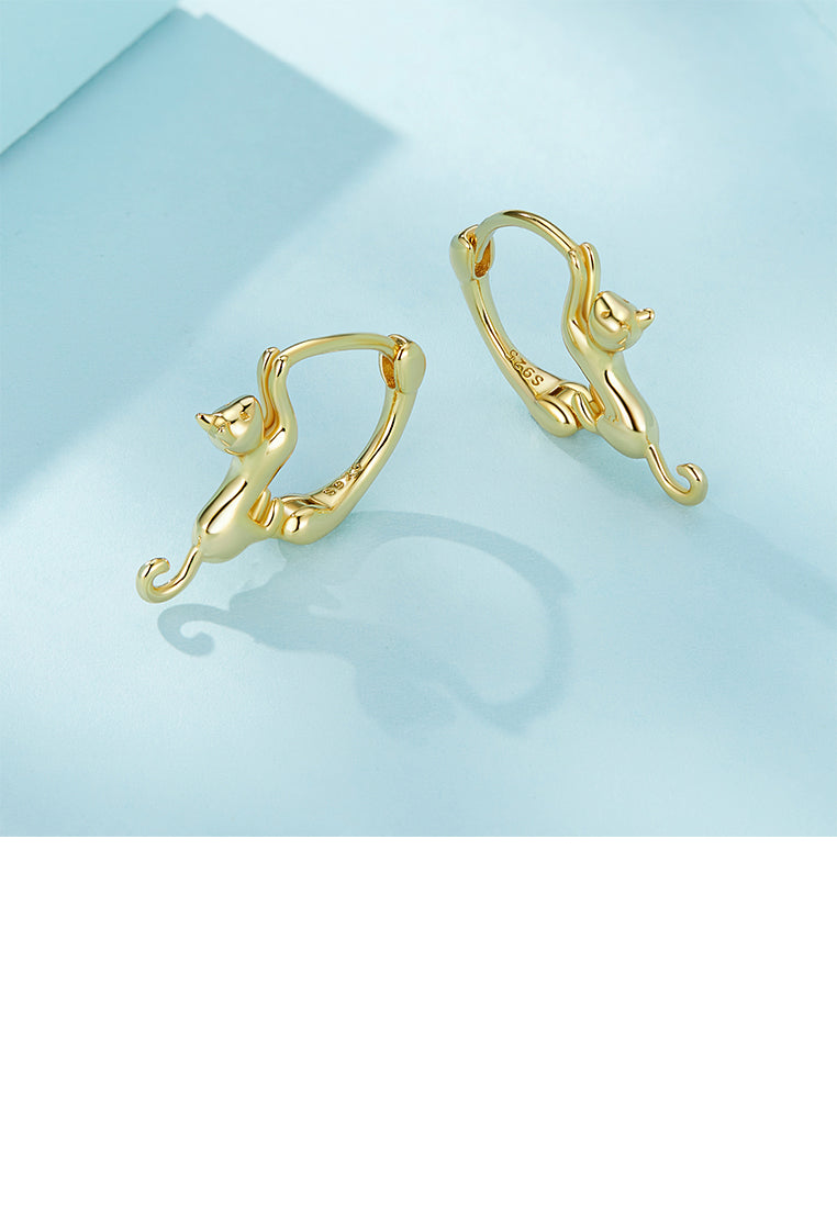 925 Sterling Silver Plated Gold Lovely Cat Geometric Circle Earrings