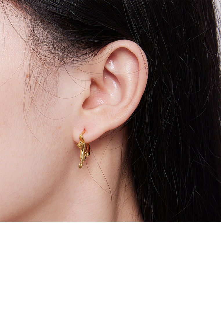 925 Sterling Silver Plated Gold Lovely Cat Geometric Circle Earrings