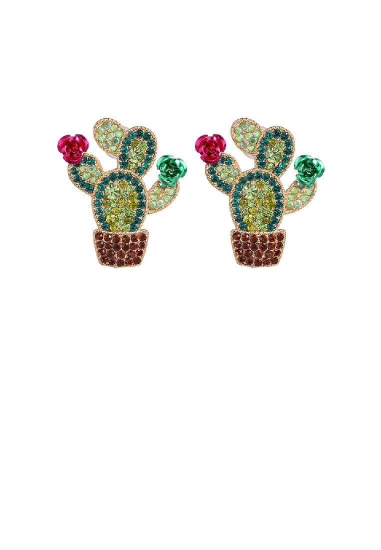 Fashion Creative Plated Gold Cactus Stud Earrings with Cubic Zirconia - Luxurious Look
