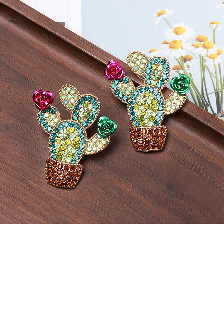 Fashion Creative Plated Gold Cactus Stud Earrings with Cubic Zirconia - Luxurious Look