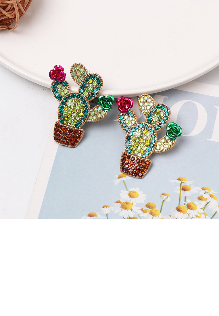 Fashion Creative Plated Gold Cactus Stud Earrings with Cubic Zirconia - Luxurious Look