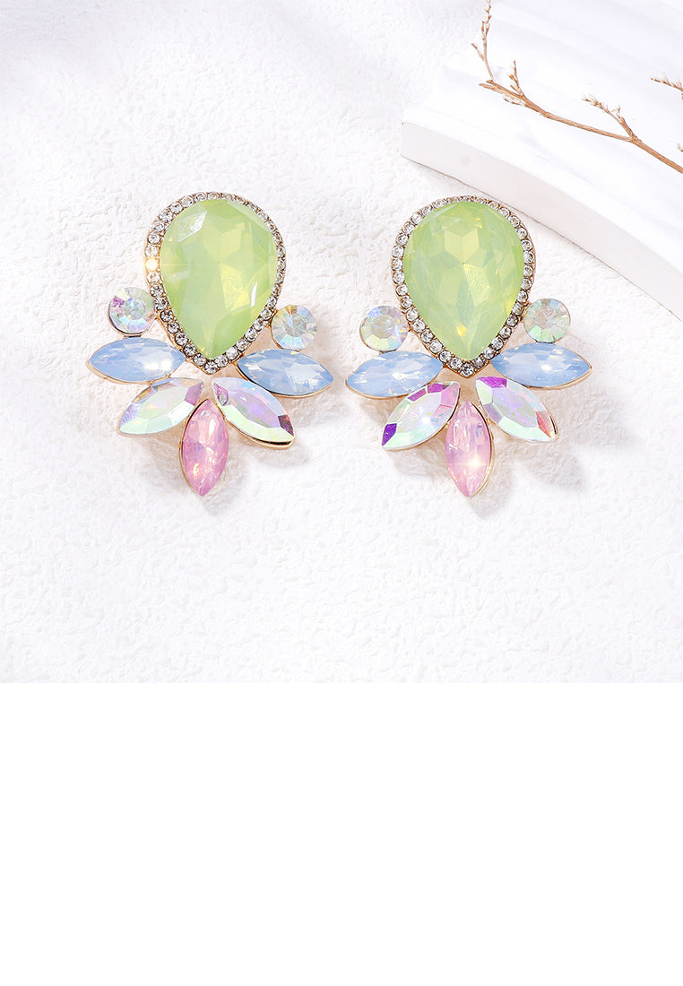 Fashion Brilliant Plated Gold Floral Stud Earrings with Green Cubic Zirconia - Luxurious Look