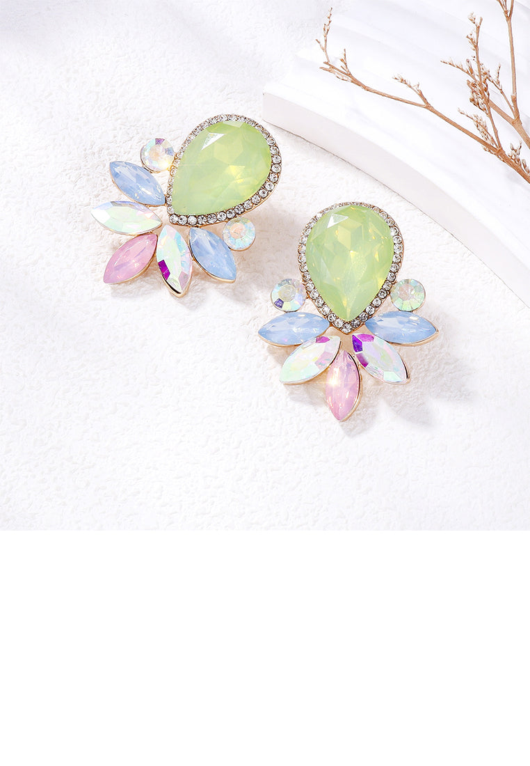 Fashion Brilliant Plated Gold Floral Stud Earrings with Green Cubic Zirconia - Luxurious Look