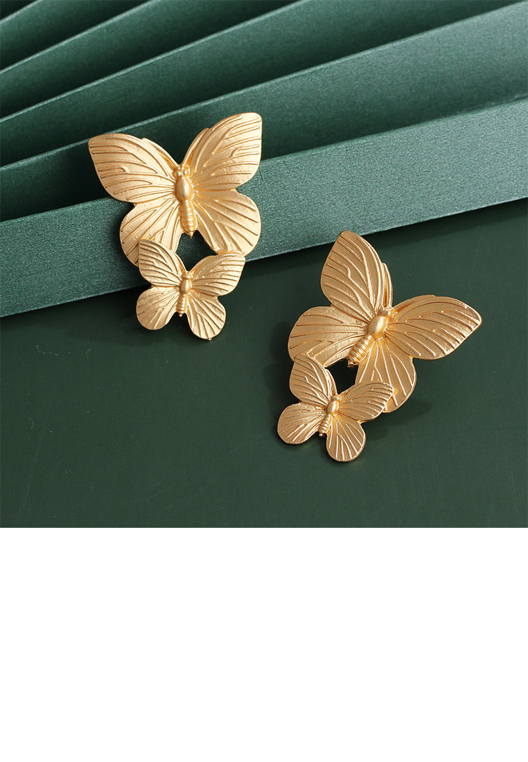 Fashion and Elegant Plated Gold Double Butterfly Stud Earrings
