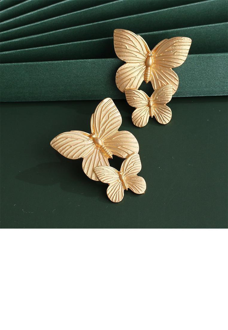 Fashion and Elegant Plated Gold Double Butterfly Stud Earrings