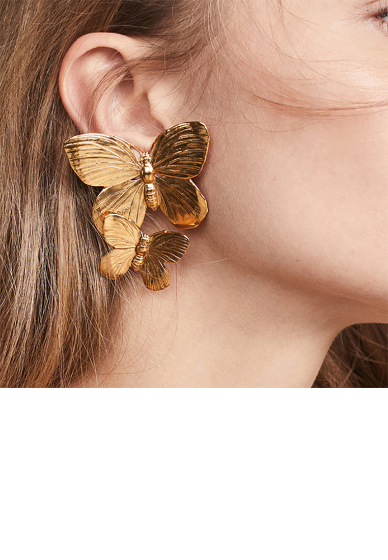 Fashion and Elegant Plated Gold Double Butterfly Stud Earrings