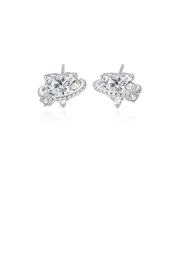 925 Sterling Silver Simple and Fashion Heart-shaped Planet Stud Earrings with Cubic Zirconia - Luxurious Look
