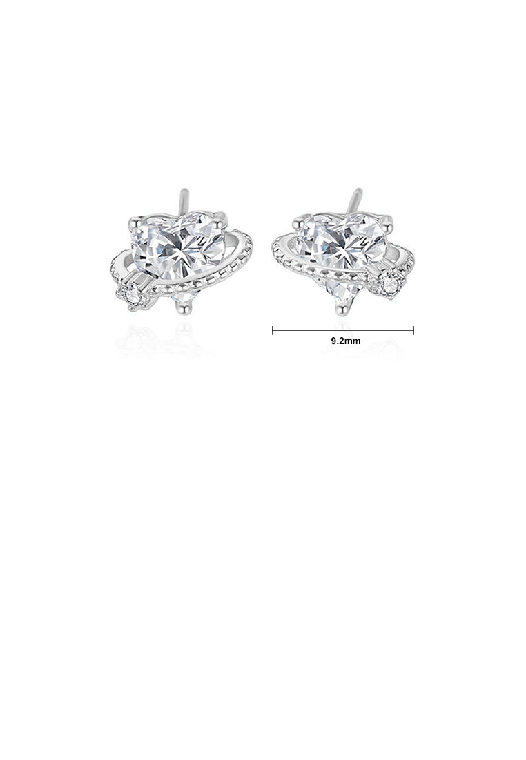 925 Sterling Silver Simple and Fashion Heart-shaped Planet Stud Earrings with Cubic Zirconia - Luxurious Look