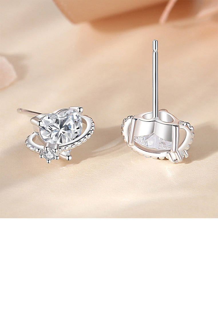 925 Sterling Silver Simple and Fashion Heart-shaped Planet Stud Earrings with Cubic Zirconia - Luxurious Look