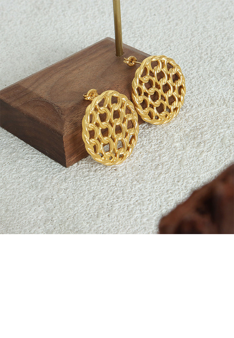 Simple and Personalized Plated Gold 316L Stainless Steel Hollow Braided Geometric Round Stud Earrings