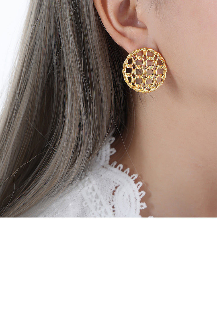 Simple and Personalized Plated Gold 316L Stainless Steel Hollow Braided Geometric Round Stud Earrings