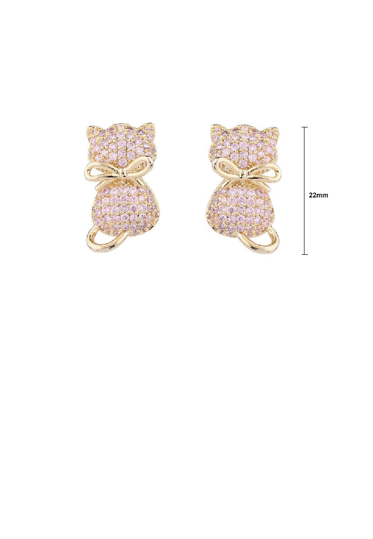 Simple and Cute Plated Gold Cat Stud Earrings with Pink Cubic Zirconia - Luxurious Look - Vibrant Color