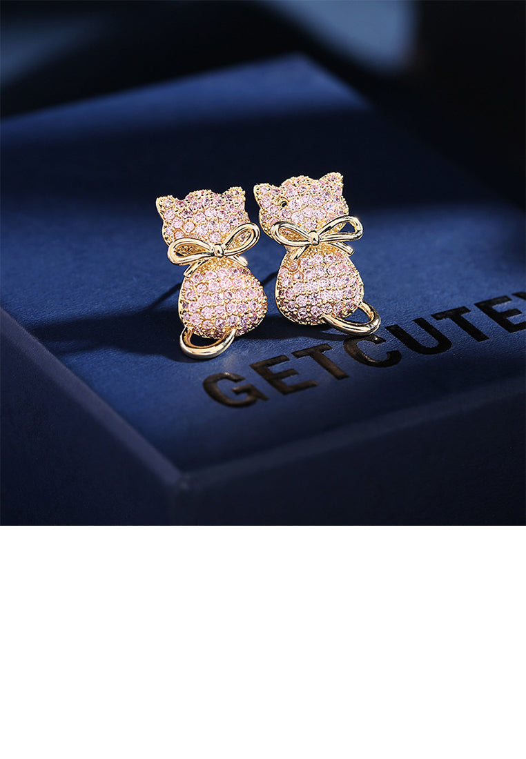 Simple and Cute Plated Gold Cat Stud Earrings with Pink Cubic Zirconia - Luxurious Look - Vibrant Color