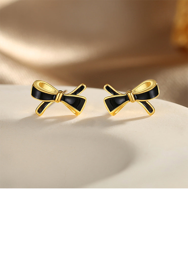 925 Sterling Silver Plated Gold Simple Sweet Enamel Ribbon Stud Earrings
