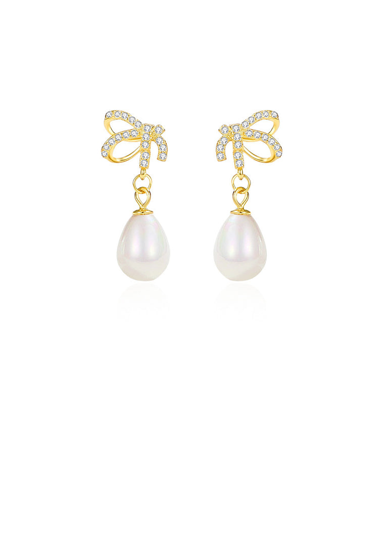 925 Sterling Silver Plated Gold Simple Fashion Ribbon Imitation Pearl Earrings with Cubic Zirconia - Luxurious Look