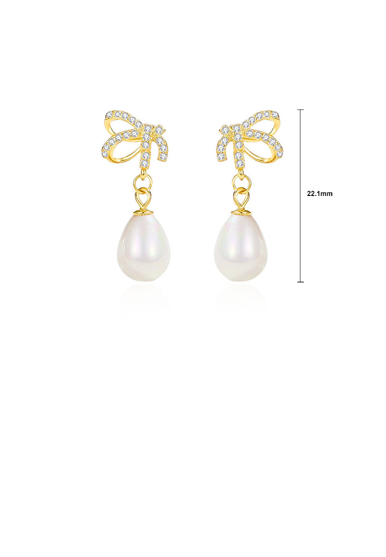 925 Sterling Silver Plated Gold Simple Fashion Ribbon Imitation Pearl Earrings with Cubic Zirconia - Luxurious Look