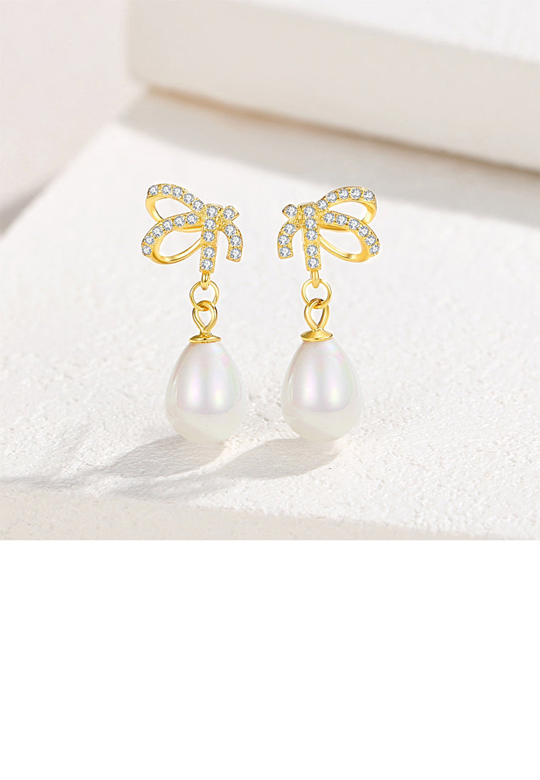 925 Sterling Silver Plated Gold Simple Fashion Ribbon Imitation Pearl Earrings with Cubic Zirconia - Luxurious Look