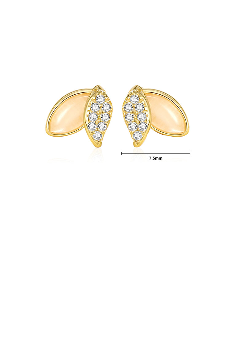 925 Sterling Silver Plated Gold Simple and Fashion Leaf Imitation Cats Eye Stud Earrings with Cubic Zirconia - Luxurious Look