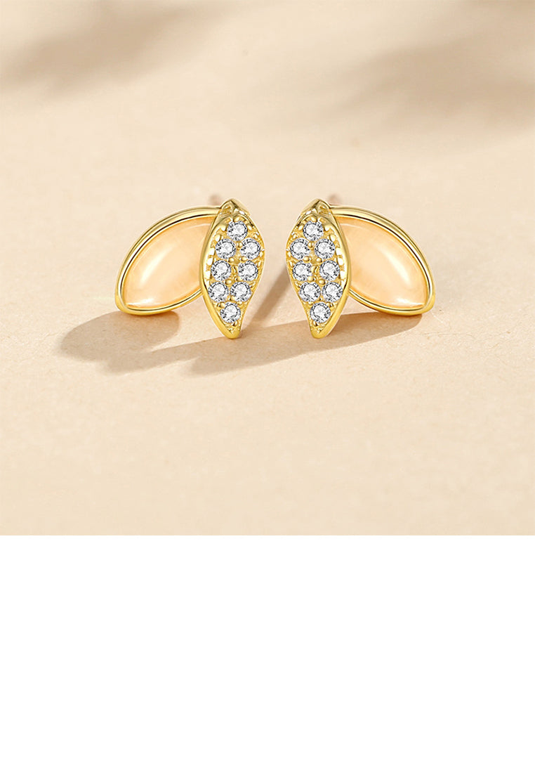925 Sterling Silver Plated Gold Simple and Fashion Leaf Imitation Cats Eye Stud Earrings with Cubic Zirconia - Luxurious Look