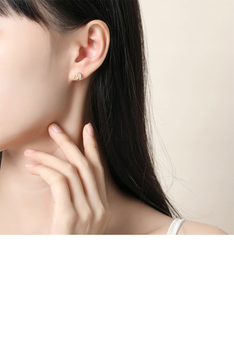 925 Sterling Silver Plated Gold Simple and Fashion Leaf Imitation Cats Eye Stud Earrings with Cubic Zirconia - Luxurious Look
