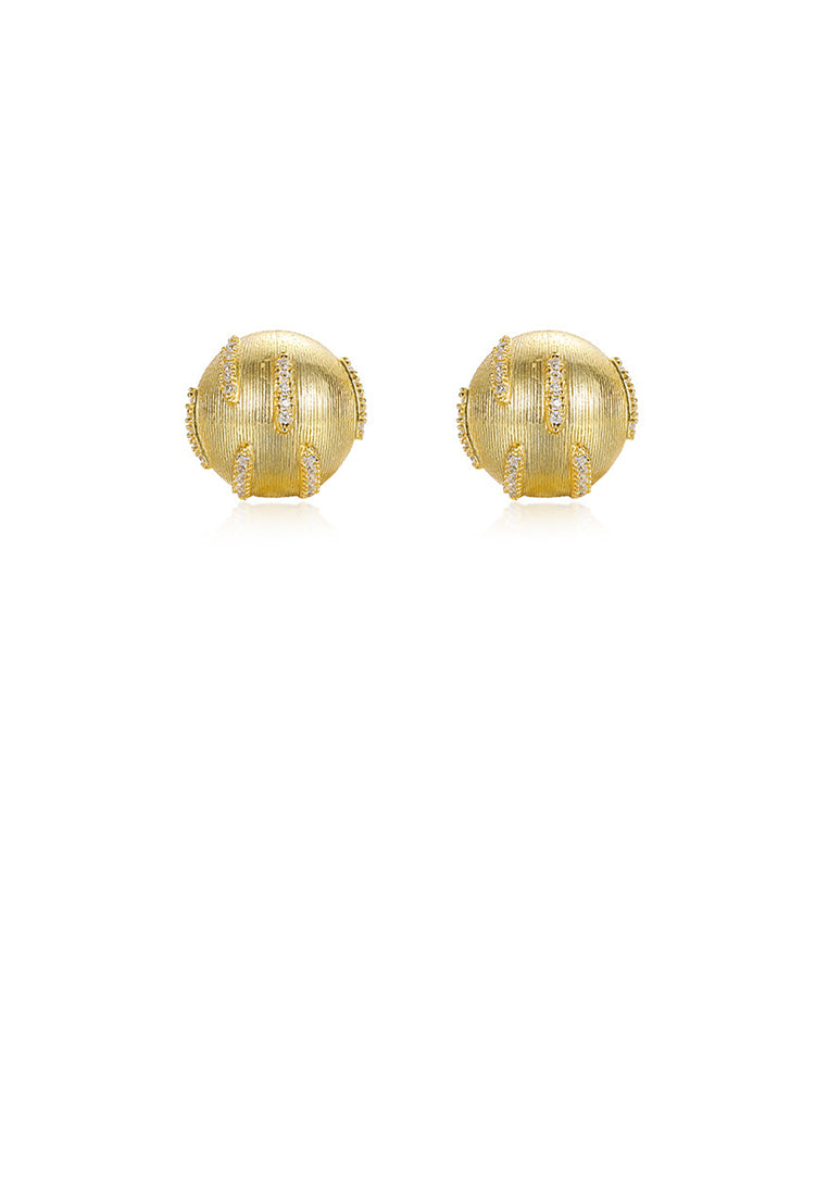 925 Sterling Silver Plated Gold Simple Fashion Brushed Geometric Round Stud Earrings with Cubic Zirconia - Luxurious Look