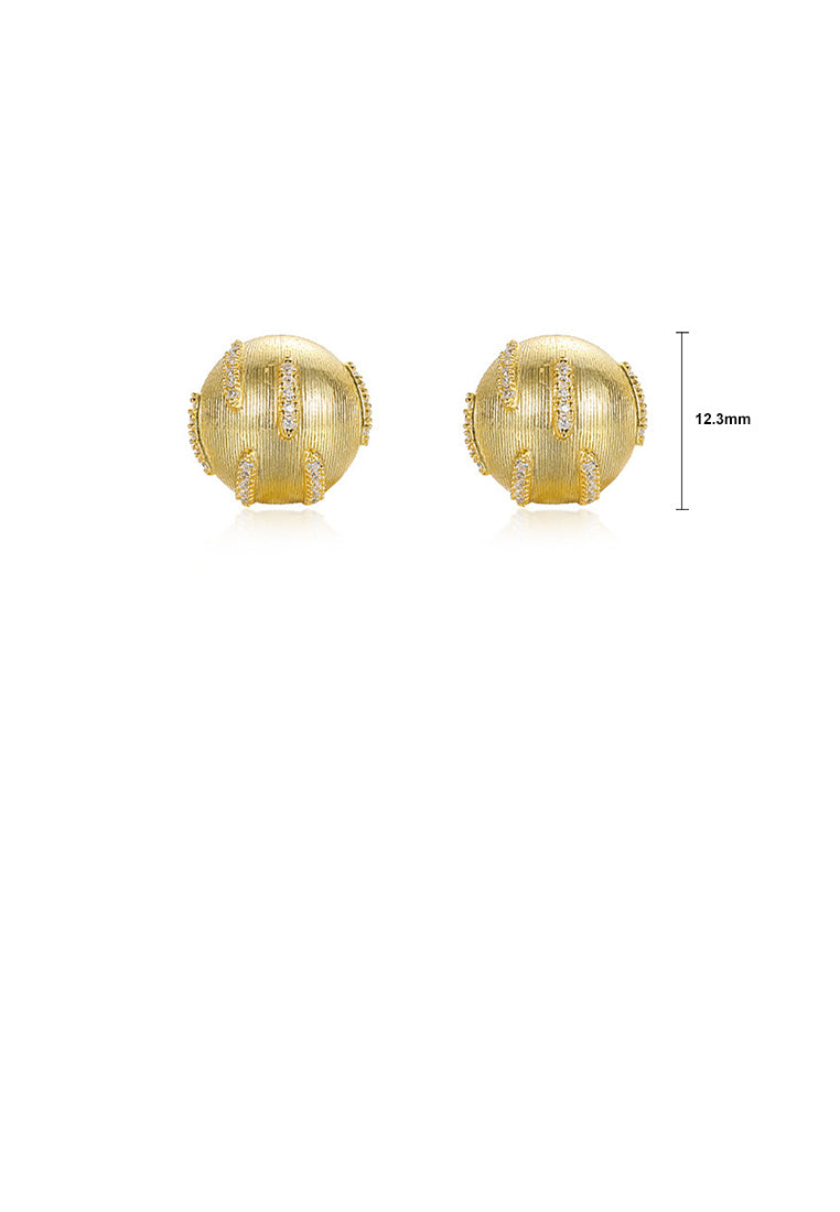 925 Sterling Silver Plated Gold Simple Fashion Brushed Geometric Round Stud Earrings with Cubic Zirconia - Luxurious Look