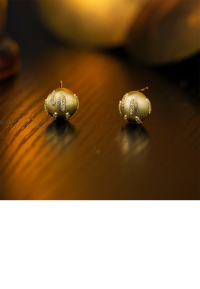 925 Sterling Silver Plated Gold Simple Fashion Brushed Geometric Round Stud Earrings with Cubic Zirconia - Luxurious Look