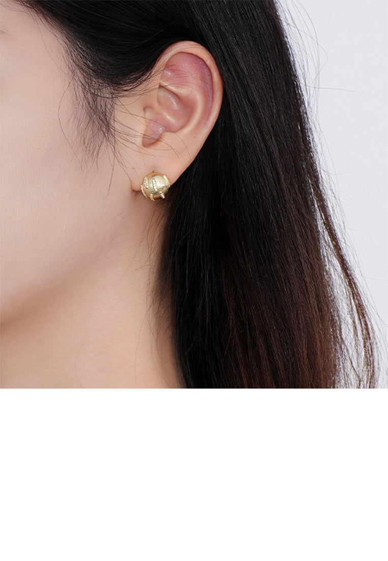 925 Sterling Silver Plated Gold Simple Fashion Brushed Geometric Round Stud Earrings with Cubic Zirconia - Luxurious Look