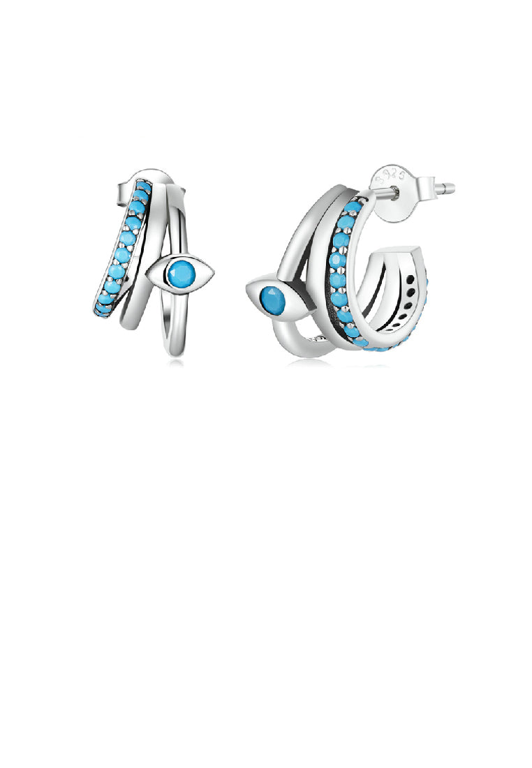 925 Sterling Silver Simple Personality Devil Eye Geometric Stud Earrings with Blue Cubic Zirconia - Luxurious Look