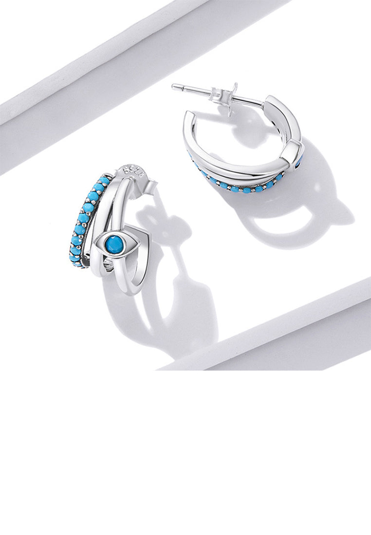 925 Sterling Silver Simple Personality Devil Eye Geometric Stud Earrings with Blue Cubic Zirconia - Luxurious Look