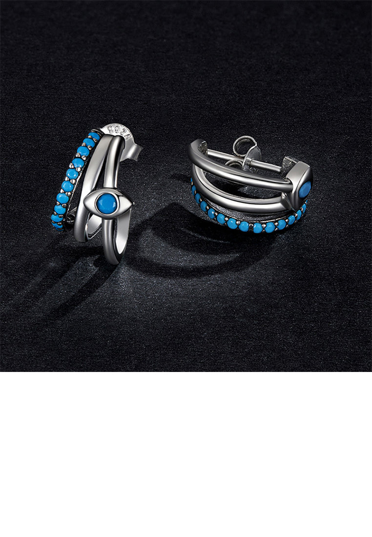 925 Sterling Silver Simple Personality Devil Eye Geometric Stud Earrings with Blue Cubic Zirconia - Luxurious Look