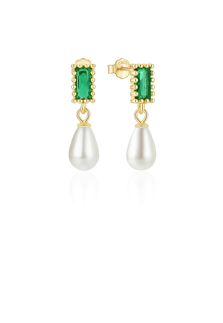 925 Sterling Silver Plated Gold Fashion and Elegant Water Drop-shaped Imitation Pearl Square Earrings with Green Cubic Zirconia - Luxurious Look