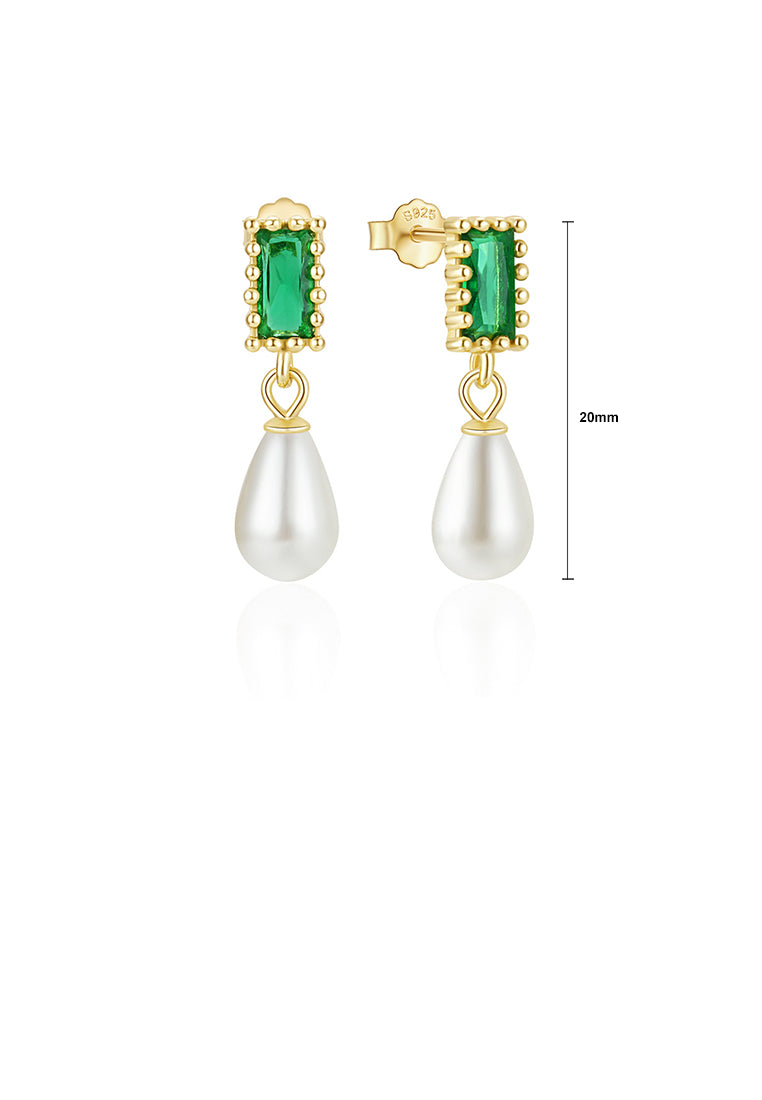 925 Sterling Silver Plated Gold Fashion and Elegant Water Drop-shaped Imitation Pearl Square Earrings with Green Cubic Zirconia - Luxurious Look