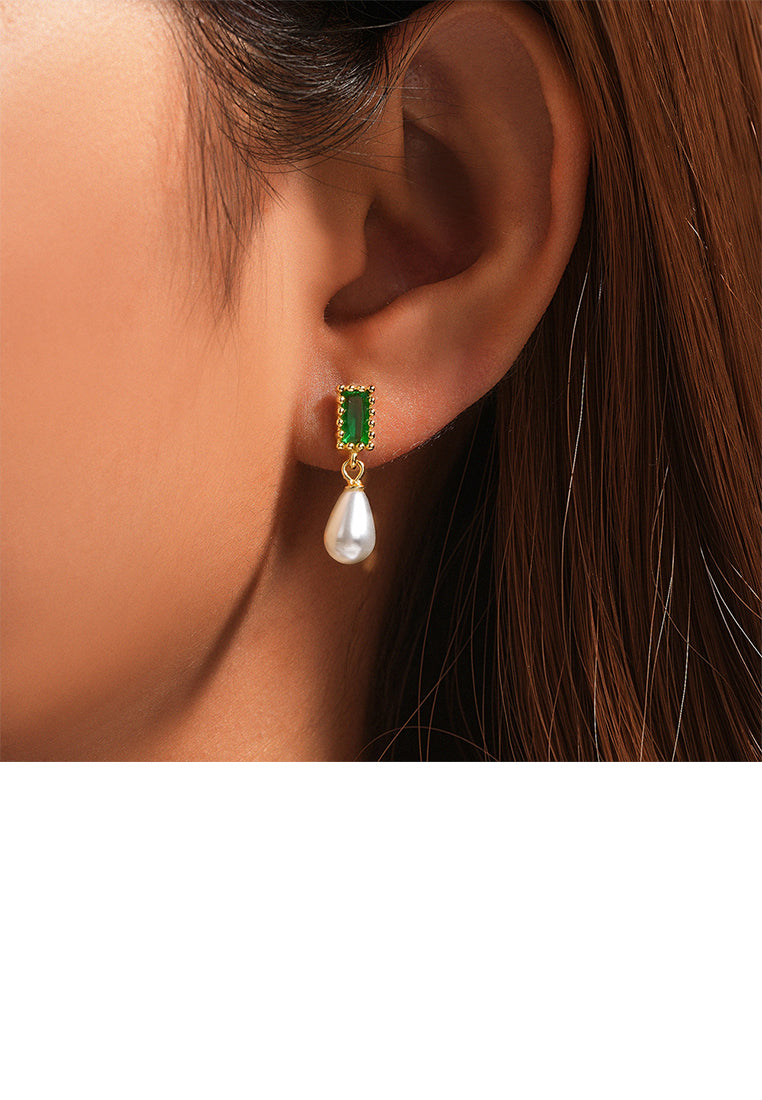 925 Sterling Silver Plated Gold Fashion and Elegant Water Drop-shaped Imitation Pearl Square Earrings with Green Cubic Zirconia - Luxurious Look