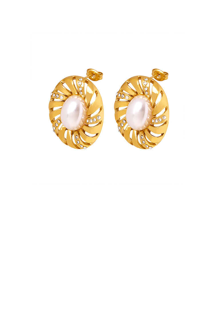 Fashion and Elegant Plated Gold 316L Stainless Steel Hollow Geometric Oval Imitation Pearl Stud Earrings with Cubic Zirconia - Luxurious Look