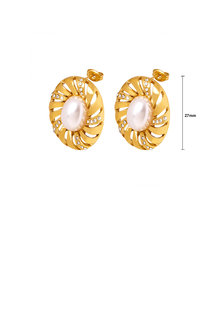 Fashion and Elegant Plated Gold 316L Stainless Steel Hollow Geometric Oval Imitation Pearl Stud Earrings with Cubic Zirconia - Luxurious Look