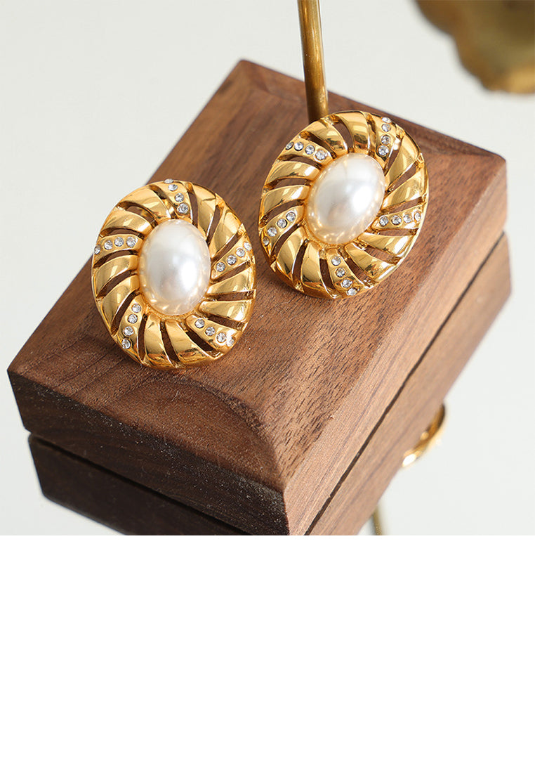 Fashion and Elegant Plated Gold 316L Stainless Steel Hollow Geometric Oval Imitation Pearl Stud Earrings with Cubic Zirconia - Luxurious Look