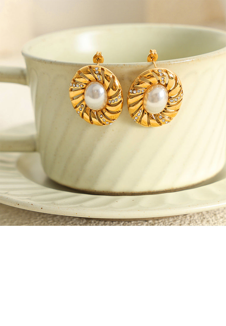 Fashion and Elegant Plated Gold 316L Stainless Steel Hollow Geometric Oval Imitation Pearl Stud Earrings with Cubic Zirconia - Luxurious Look
