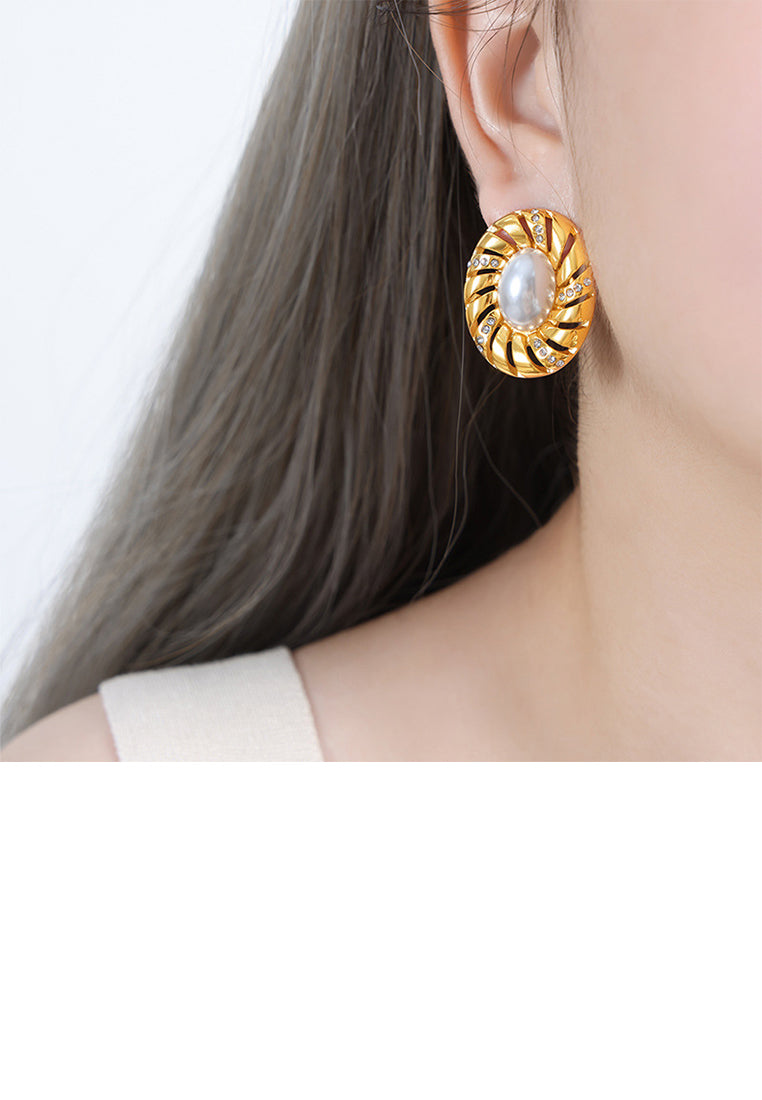 Fashion and Elegant Plated Gold 316L Stainless Steel Hollow Geometric Oval Imitation Pearl Stud Earrings with Cubic Zirconia - Luxurious Look