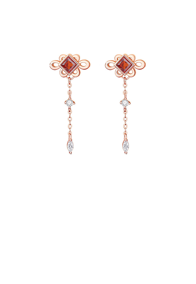 925 Sterling Silver Plated Rose Gold Simple Vintage Chinese Knot Tassel Earrings with Cubic Zirconia - Luxurious Look