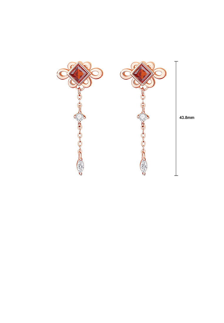 925 Sterling Silver Plated Rose Gold Simple Vintage Chinese Knot Tassel Earrings with Cubic Zirconia - Luxurious Look