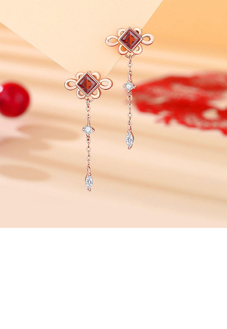 925 Sterling Silver Plated Rose Gold Simple Vintage Chinese Knot Tassel Earrings with Cubic Zirconia - Luxurious Look