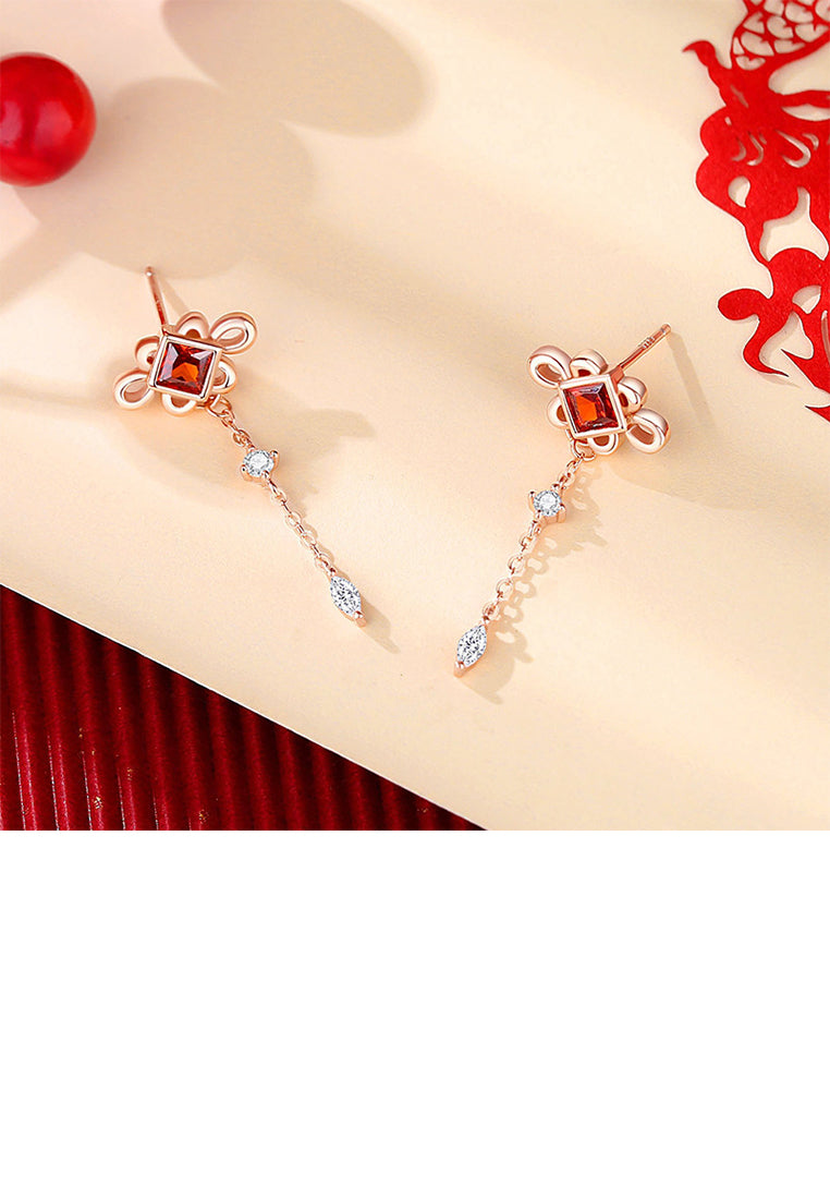 925 Sterling Silver Plated Rose Gold Simple Vintage Chinese Knot Tassel Earrings with Cubic Zirconia - Luxurious Look