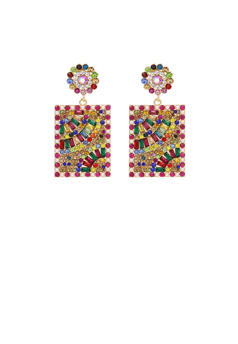 Fashion Brilliant Plated Gold Pattern Geometric Square Earrings with Colored Cubic Zirconia - Luxurious Look