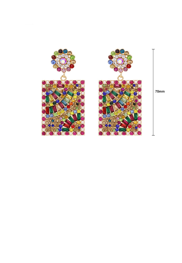 Fashion Brilliant Plated Gold Pattern Geometric Square Earrings with Colored Cubic Zirconia - Luxurious Look