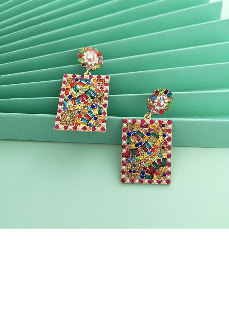 Fashion Brilliant Plated Gold Pattern Geometric Square Earrings with Colored Cubic Zirconia - Luxurious Look