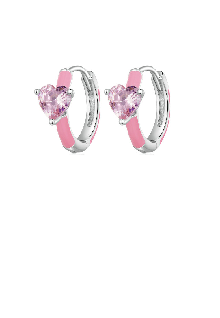 925 Sterling Silver Sweet Lovely Pink Heart Geometric Circle Earrings with Cubic Zirconia - Luxurious Look - Vibrant Color