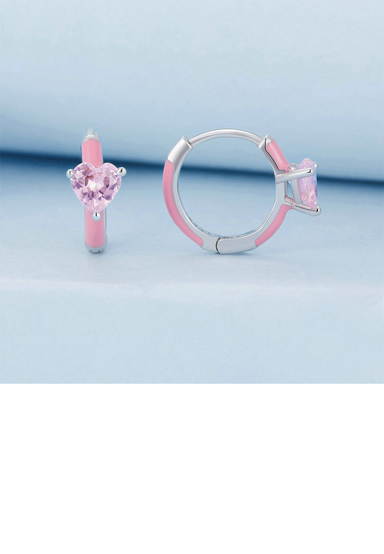 925 Sterling Silver Sweet Lovely Pink Heart Geometric Circle Earrings with Cubic Zirconia - Luxurious Look - Vibrant Color