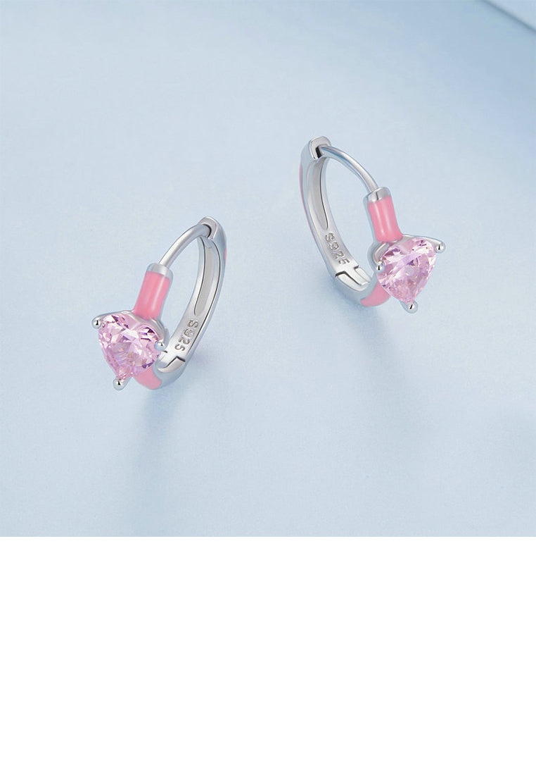 925 Sterling Silver Sweet Lovely Pink Heart Geometric Circle Earrings with Cubic Zirconia - Luxurious Look - Vibrant Color