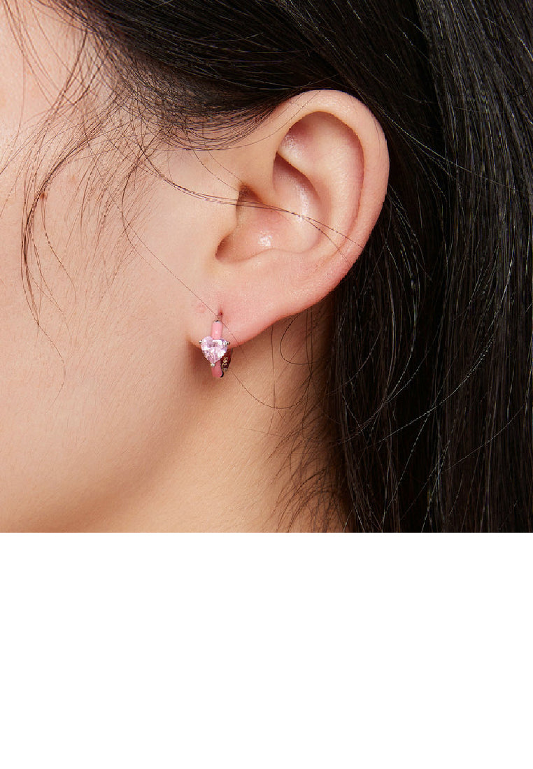 925 Sterling Silver Sweet Lovely Pink Heart Geometric Circle Earrings with Cubic Zirconia - Luxurious Look - Vibrant Color